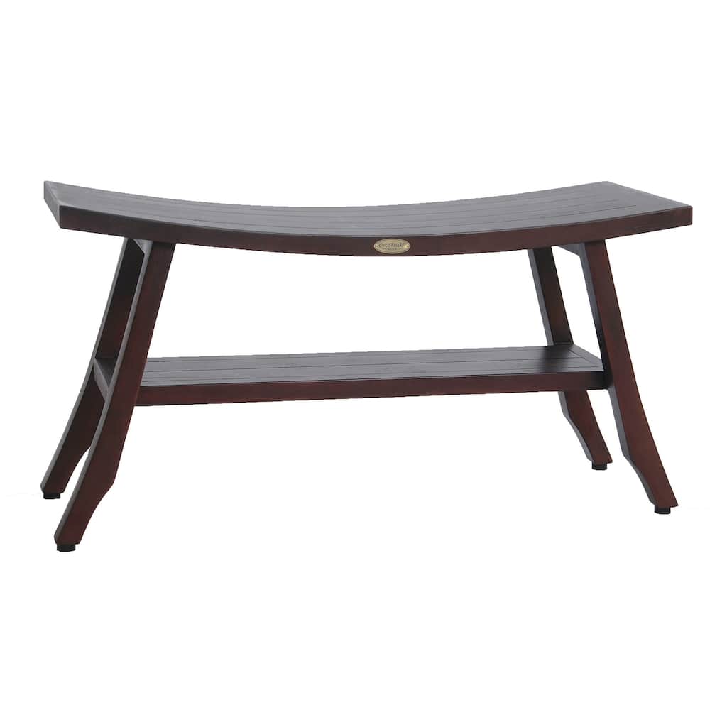 DecoTeak Satori Woodland Brown 34" Teak Wood Shower Bench with Shelf