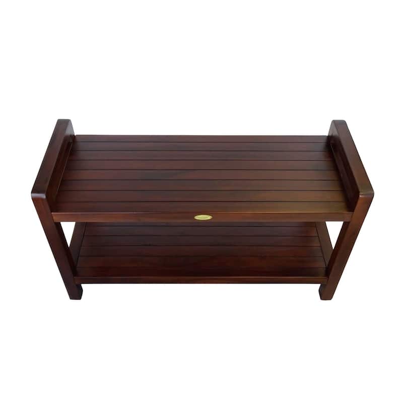 DecoTeak Eleganto 35" Extended Length Solid Teak Shower Stool With LiftAide Arms And Shelf - WoodLand Brown Finish