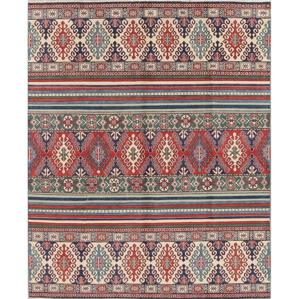 Kazak Oriental Hand-Knotted Wool Southwestern Pakistani Area Rug - 9'8" x 7'10"