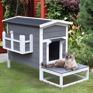 PawHut Fir Wood 2 Story Outdoor Cat House Wooden Feral Cat