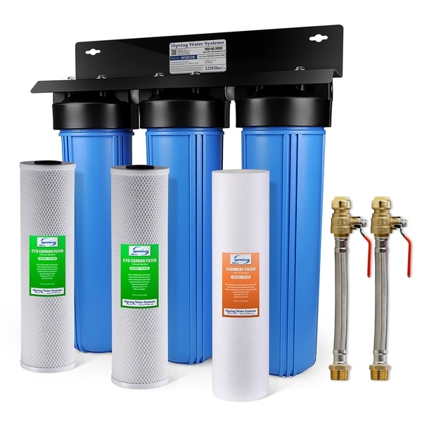 iSpring WGB32B 3-Stage 20 inch Big Blue Whole House Water Filter System w/ Push-Fit Stainless Steel Hose Connectors & Ball Valve