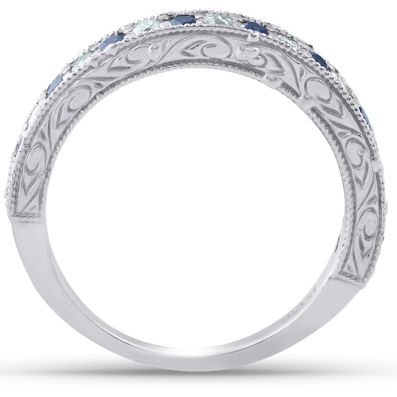 14k White Gold 1/2 Ct TDW Blue Sapphire & Diamond Wedding Ring Vintage Band