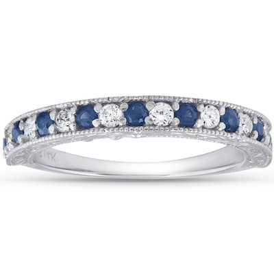 14k White Gold 1/2 Ct TDW Blue Sapphire & Diamond Wedding Ring Vintage Band