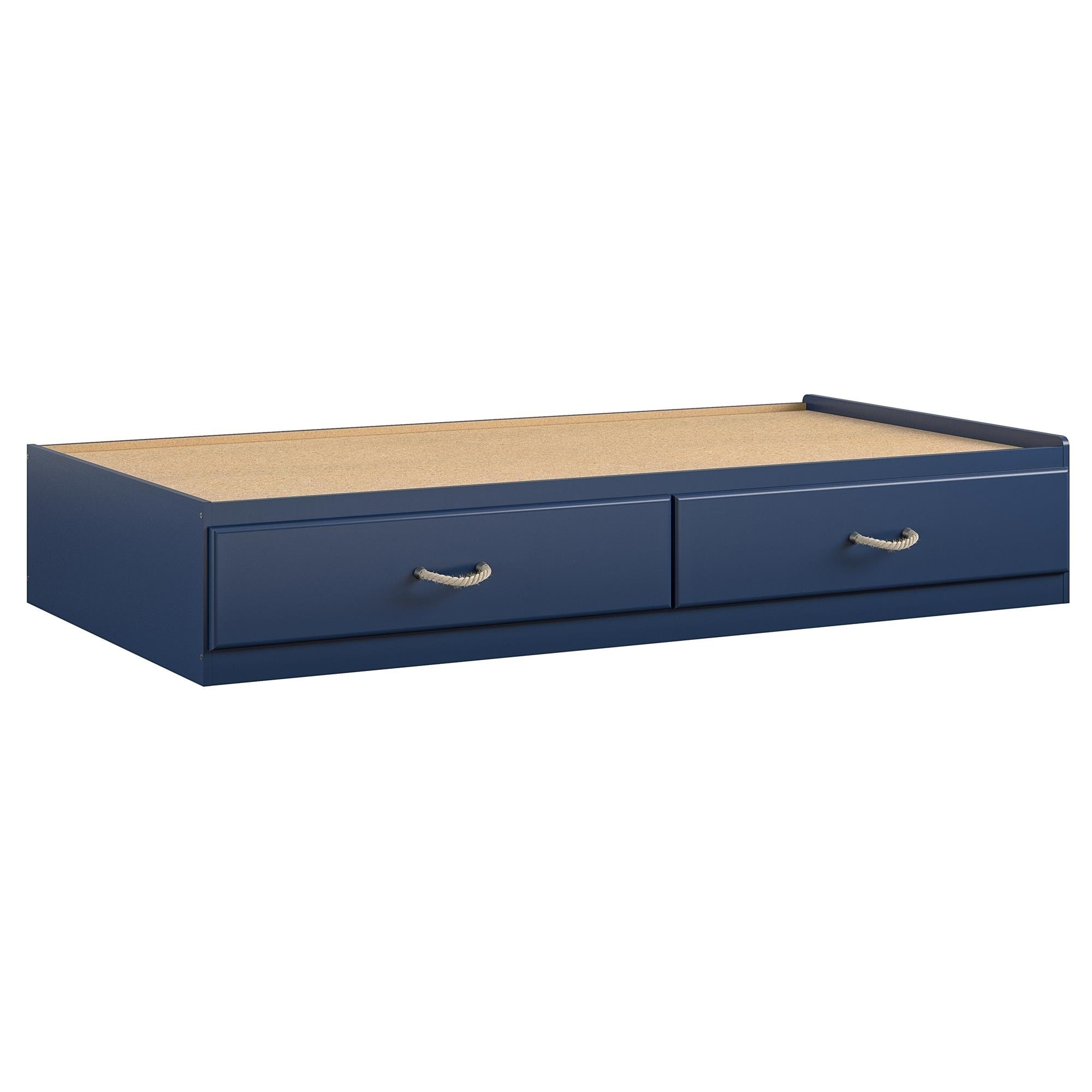 blue twin bed with storage