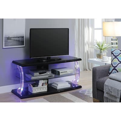 Modern Style Wooden TV Stand with Acrylic Posts and LED Lighting, Black and Clear