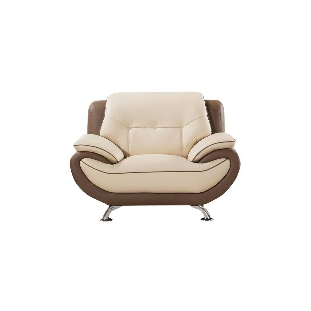 Two Toned Leather Upholstered Wooden Chair with Pillow Top Armrests, Cream and Brown