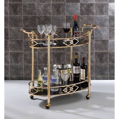 Two Tier Metal Framed Serving Cart with Designer Side Rails and Glass Shelves, Gold and Black