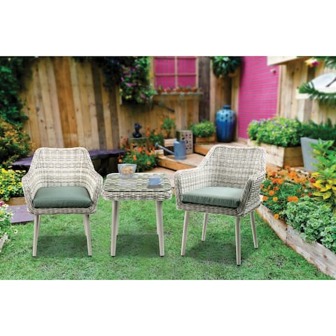 Resin Wicker and Metal Patio Bistro Set with Two Chairs and Table, Beige and Green, Set of Three