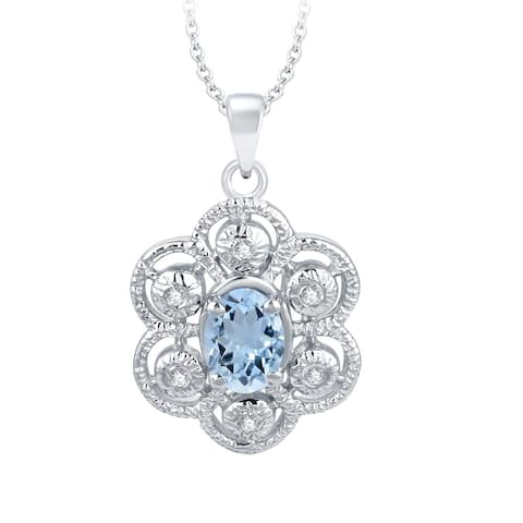Sterling Silver with Natural Aquamarine and Natural White Topaz Pendant with 18" Chain