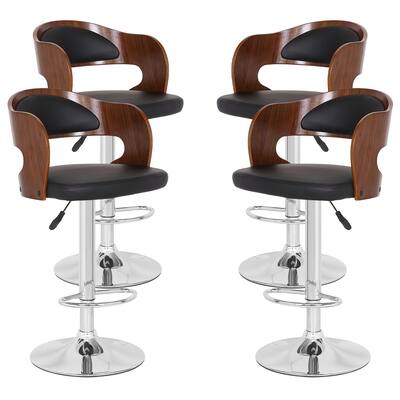Boston Modern Adjustable Barstool in Chrome with Black Faux Leather and Walnut Back - Set of 4