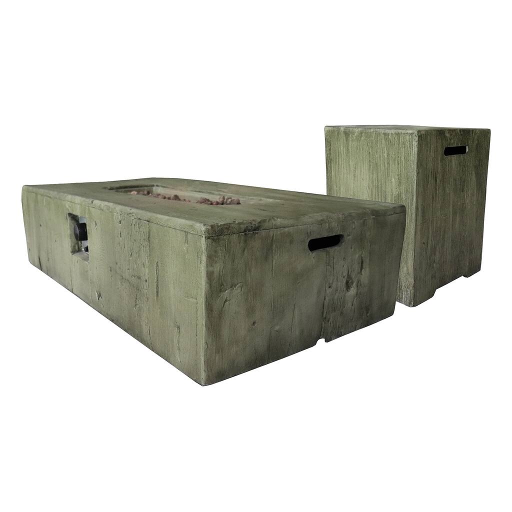Panama Weathered Wood Rectangular Gas Fire Pit and Propane Tank Protector