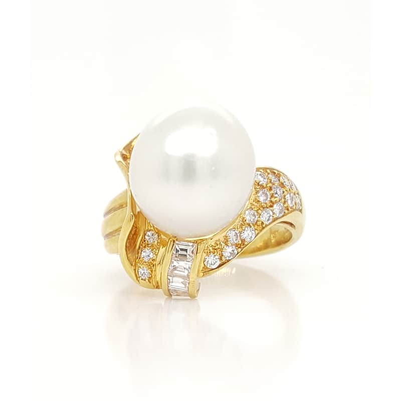 Southsea Pearl Round and Baguette Diamond Ring Size - 5.75