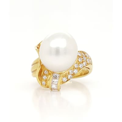 Southsea Pearl Round and Baguette Diamond Ring Size - 5.75