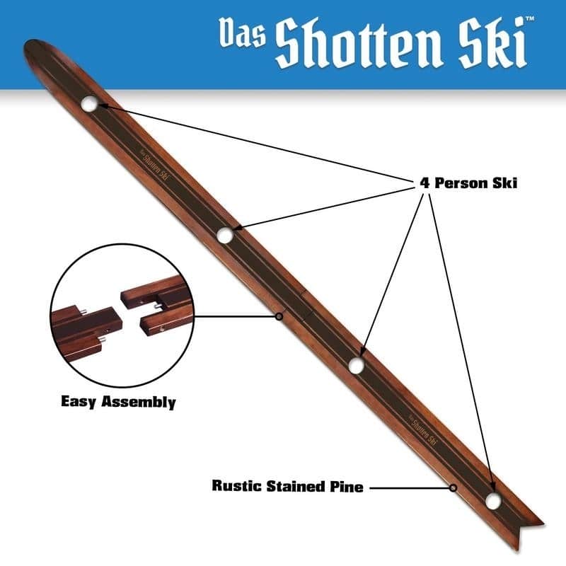 GoPong Das Shotten Ski | Rustic Wood 4 Person Drinking Ski with 50 Plastic Shot Glasses
