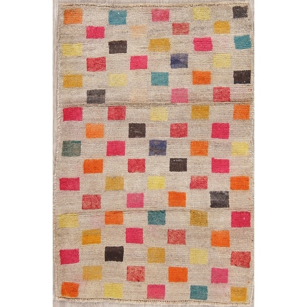 Vintage Gabbeh Checkered Hand Knotted Wool Persian Area Rug - 4'2" x 2'9"