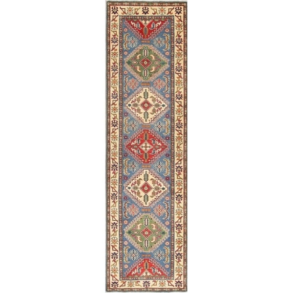 Traditional Kazak Oriental Diamond Hand Knotted Wool Pakistani Rug - 9'7" x 2'8" Runner