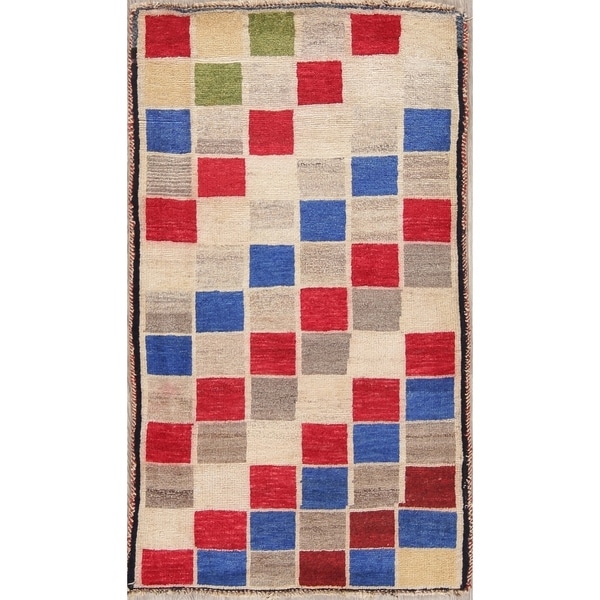 Gabbeh Checkered Oriental Hand Knotted Wool Persian Area Rug - 4'2" x 2'5"