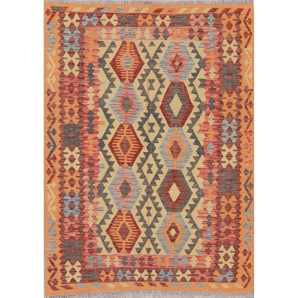 Modern Kilim Diamond Oriental Handmade Wool Turkish Area Rug - 6'8" x 4'11"