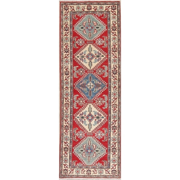 Traditional Kazak Diamond Oriental Hand Knotted Wool Pakistani Rug - 7'11" x 2'8" Runner
