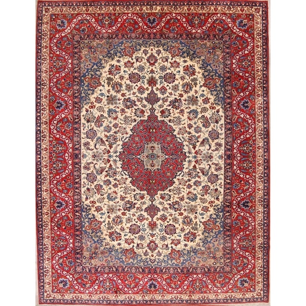 Vintage Traditional Isfahan Medallion Handmade Wool Persian Area Rug - 13'8" x 10'2"