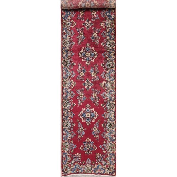 Antique Kerman Floral Hand Knotted Wool Persian Rug - 13'7" x 3'1" Runner