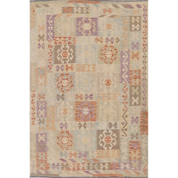 Modern Kilim Patchwork Flat-Weave Wool Turkish Area Rug - 8'1" x 5'4"