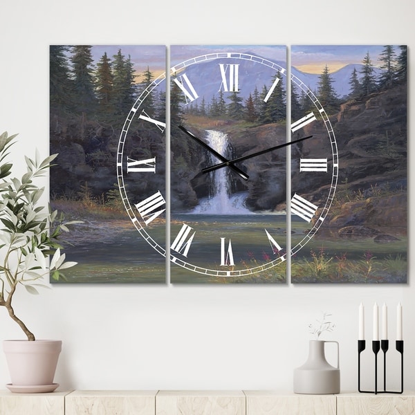 Designart 'Running Eagle Falls' Oversized Traditional Wall Clock - 3 Panels - 36 in. wide x 28 in. high - 3 Panels