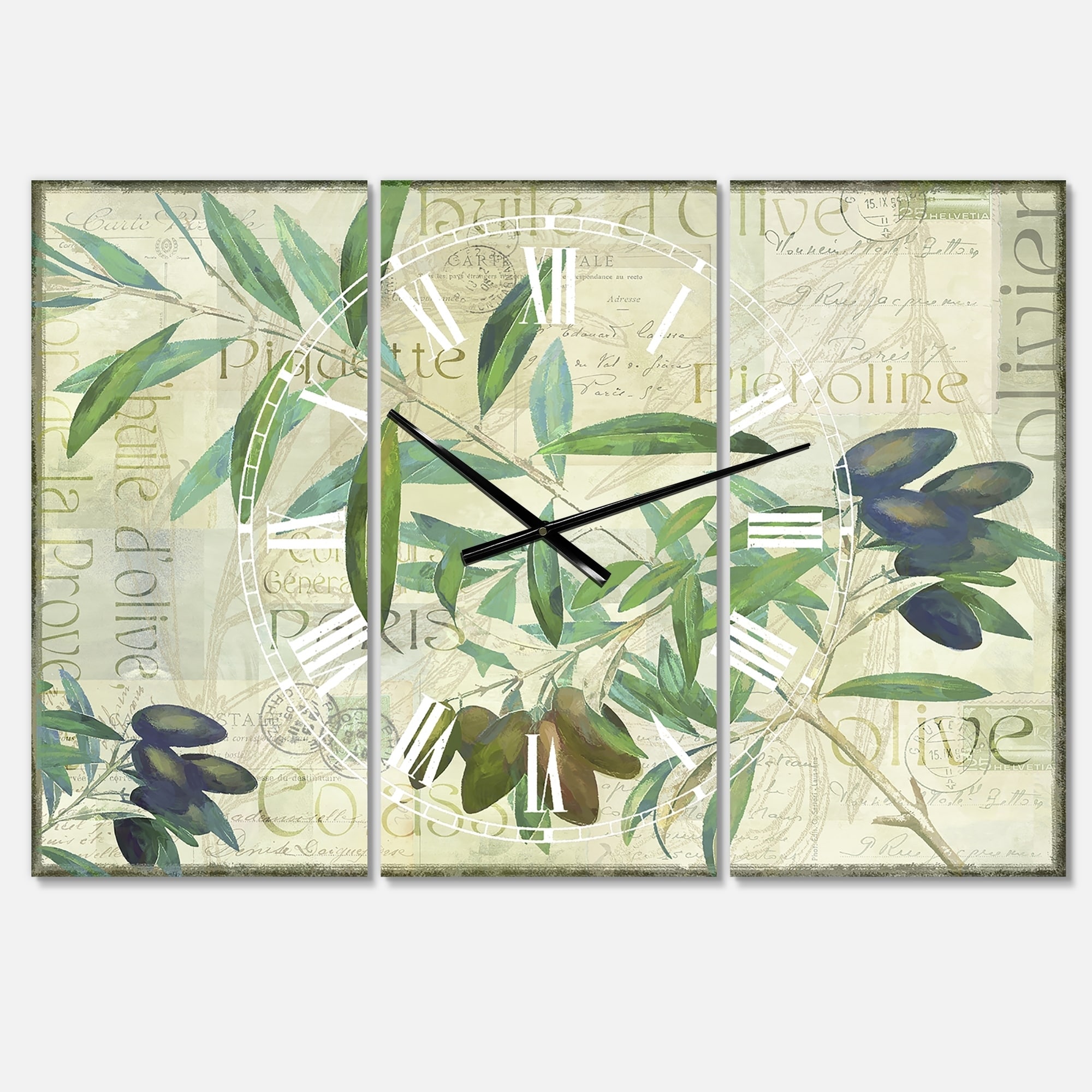 Designart Olives Picholines Oversized Cottage Wall Clock 3 Panels 36 In Wide X 28 In High 3 Panels Overstock 28335906