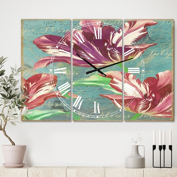 Designart 'Vintage Tulips in Paris' Oversized Cottage Wall Clock - 3 Panels - 36 in. wide x 28 in. high - 3 Panels