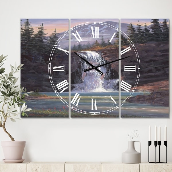 Designart 'Waterfall Mountain Afternoon' Large Traditional Wall Clock - 3 Panels - 36 in. wide x 28 in. high - 3 Panels