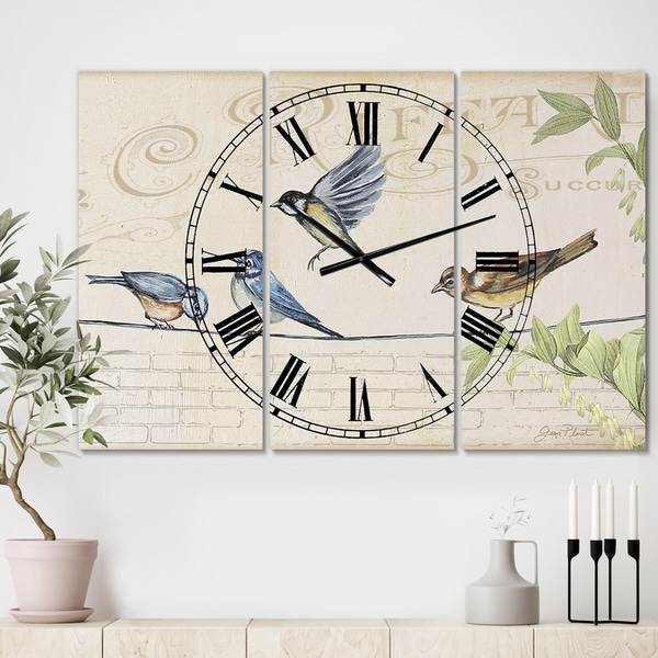 Designart 'Birds Gathered On Wire Paris I' Oversized Cottage Wall Clock - 3 Panels - 36 in. wide x 28 in. high - 3 Panels
