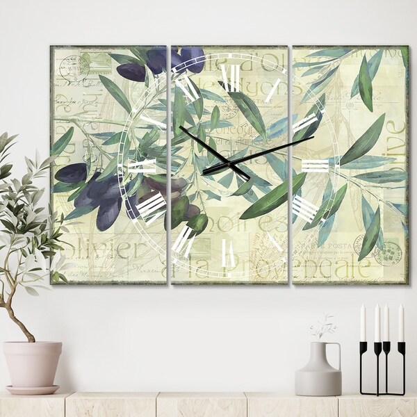 Designart 'Olives de Nyons' Large Cottage Wall Clock - 3 Panels - 36 in. wide x 28 in. high - 3 Panels