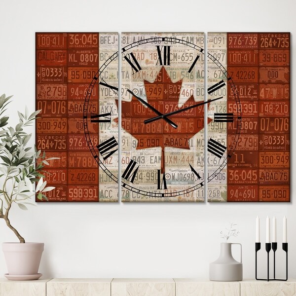 Designart 'Canada License Plate Flag' Large Traditional Wall Clock - 3 Panels - 36 in. wide x 28 in. high - 3 Panels