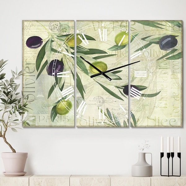 Designart 'Olives de Nice' Oversized Cottage Wall Clock - 3 Panels - 36 in. wide x 28 in. high - 3 Panels