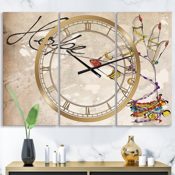 Designart 'Gypsy Hippy Hand Hope' Oversized Cottage Wall Clock - 3 Panels - 36 in. wide x 28 in. high - 3 Panels
