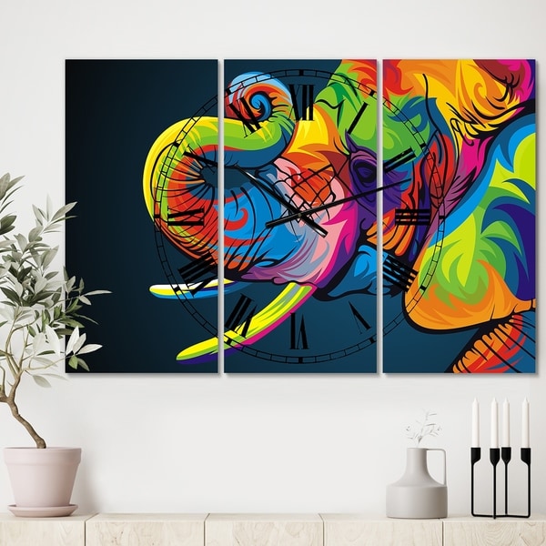 Designart 'The Happy Rainbow Elephant' Large Modern Wall Clock - 3 Panels - 36 in. wide x 28 in. high - 3 Panels