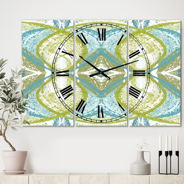 Designart 'Green Vision' Oversized Mid-Century Wall Clock - 3 Panels - 36 in. wide x 28 in. high - 3 Panels