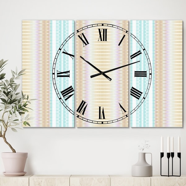 Designart 'Baby Blue and Brown' Oversized Mid-Century Wall Clock - 3 Panels - 36 in. wide x 28 in. high - 3 Panels. Opens flyout.