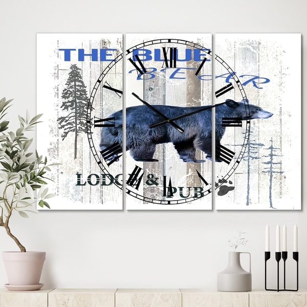 Designart 'The Blue Bear' Large Cottage Wall Clock - 3 Panels - 36 in. wide x 28 in. high - 3 Panels
