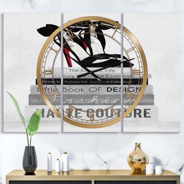 Designart 'Fashionista Reads 3' Large Fashion Wall Clock - 3 Panels - 36 in. wide x 28 in. high - 3 Panels