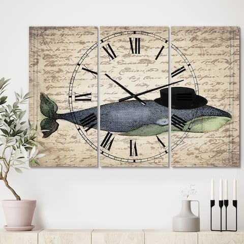 Designart 'Old Style Whale with Hat' Oversized Nautical & Coastal Wall Clock - 3 Panels - 36 in. wide x 28 in. high - 3 Panels