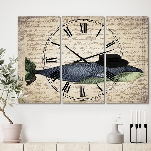 Designart 'Old Style Whale With Hat' Oversized Nautical & Coastal Wall Clock - 3 Panels - 36 in. wide x 28 in. high - 3 Panels