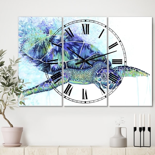 Designart 'Sea Turtle' Oversized Cottage Wall Clock - 3 Panels - 36 in. wide x 28 in. high - 3 Panels
