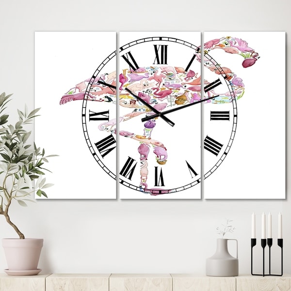 Designart 'Flamingo Composition of Flamingo' Large Cottage Wall Clock - 3 Panels - 36 in. wide x 28 in. high - 3 Panels