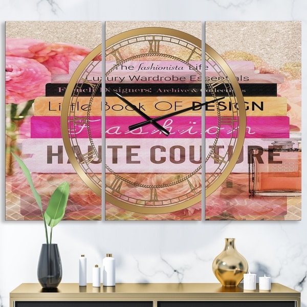 Designart 'Fashionista Reads' Oversized Fashion Wall Clock - 3 Panels - 36 in. wide x 28 in. high - 3 Panels