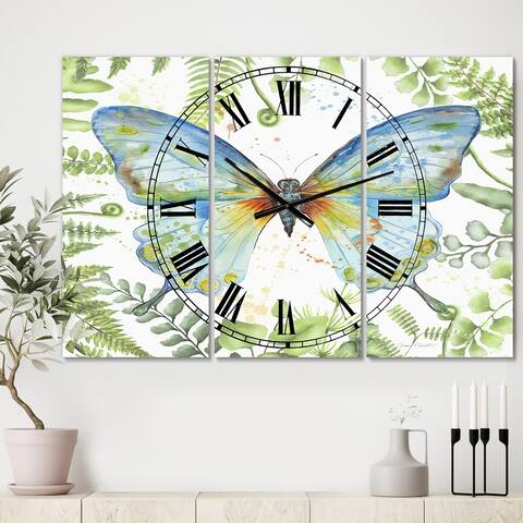 Porch & Den [Clock] Botanical Butterfly Beauty 1' Large 3-panel Wall Clock - 36 in. wide x 28 in. high - 3 Panels