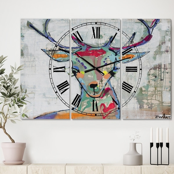 Designart 'Colorful Deer I' Large Cottage Wall Clock - 3 Panels - 36 in. wide x 28 in. high - 3 Panels