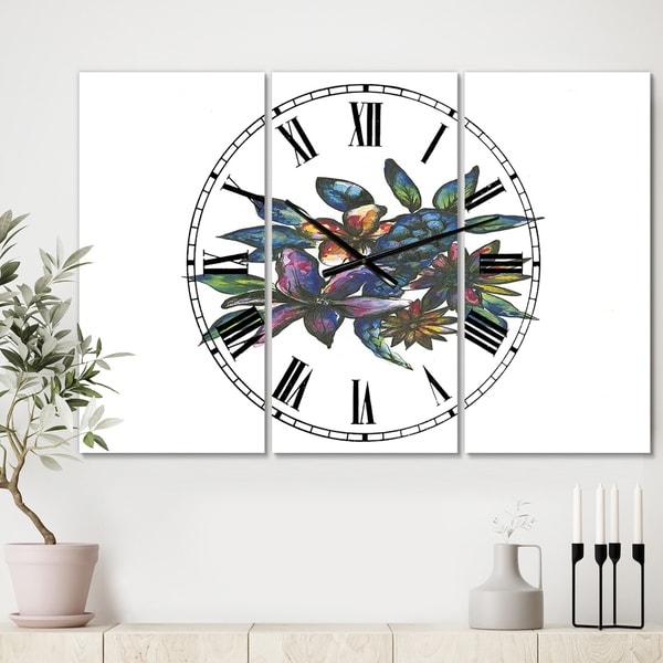 Designart 'Tropical Flowers' Large Cottage Wall Clock - 3 Panels - 36 in. wide x 28 in. high - 3 Panels