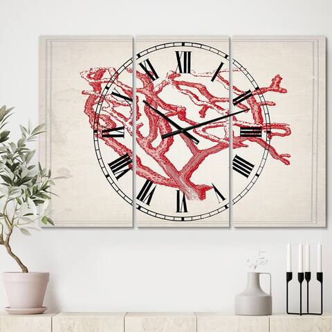 Designart 'Red Coral 2' Oversized Nautical & Coastal Wall Clock - 3 Panels - 36 in. wide x 28 in. high - 3 Panels