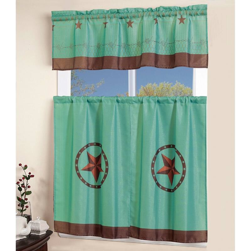 Porch & Den El Dorado Western Star 3-piece Kitchen Window Curtain Set - Teal